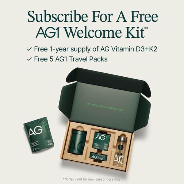 A clean, minimalist product-led ad featuring a welcome kit offer for a daily nutritional greens supplement.